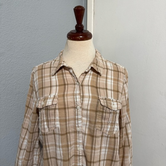St. John's Bay Women Beige Plaid Collared 3/4 Sleeve Button Down Shirt Shirt L - Picture 2 of 13
